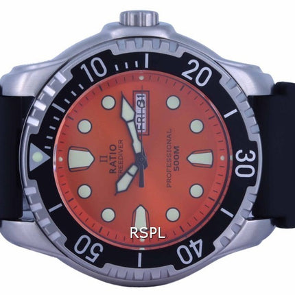 Ratio FreeDiver Orange Dial PU Strap Quartz 48HA90-02-ORG 500M Men's Watch