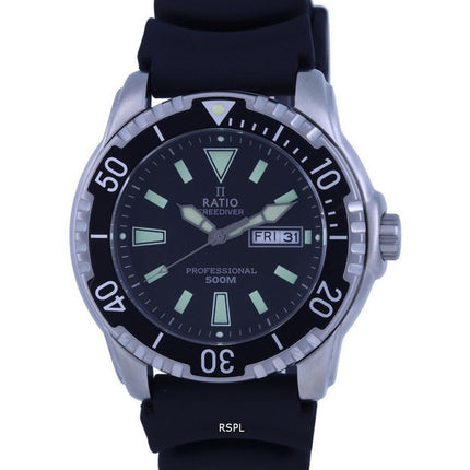 Ratio FreeDiver Black Dial PU Strap Quartz 48HA90-12-BLK 500M Men's Watch