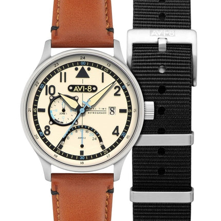 AVI-8 Hawker Hurricane Mckellar Dual Time Brown Beige Leather Strap Cream Dial AV-4101-0C Quartz Men's Watch With Extra Strap