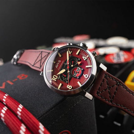 AVI-8 Dambuster Gibson Dual Time Chronograph Airfix Edition Hazard Red Dial AV-4107-04 Men's Watch