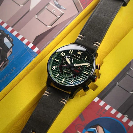 AVI-8 Flyboy Spirit Of Tuskegee Chronograph Limited Edition Roberts Green Dial Quartz AV-4109-04 Mens Watch With Extra Strap