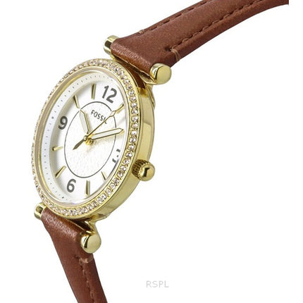 Fossil Carlie Brown Leather Strap Crystal Accents Silver Dial Quartz ES5297 Women's Watch