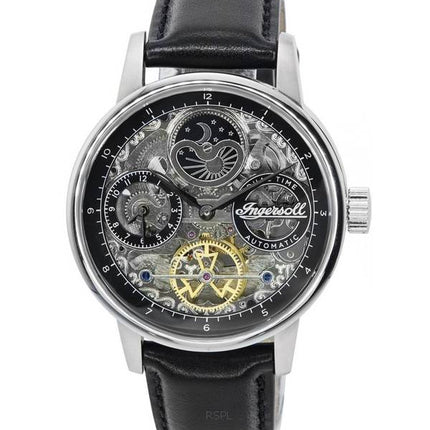 Ingersoll The Jazz Sun and Moon Phase Leather Strap Skeleton Silver Dial Automatic I07701 Men's Watch