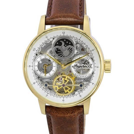 Ingersoll The Jazz Moon Phase Leather Strap Skeleton Gold Dial Automatic I07704 Men's Watch