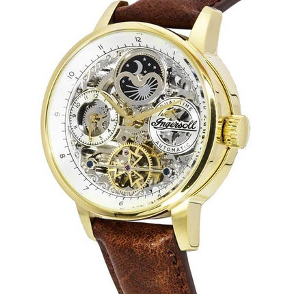 Ingersoll The Jazz Moon Phase Leather Strap Skeleton Gold Dial Automatic I07704 Men's Watch