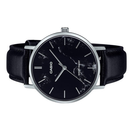 Casio Standard Analog Black Leather Strap Marble Inspired Black Dial Quartz MTP-VT01LM-1A Men's Watch