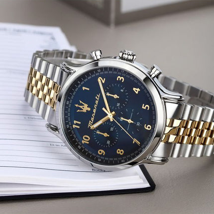 Maserati Epoca Limited Edition Chronograph Two Tone Stainless Steel Blue Dial Quartz R8873618030 100M Men's Watch