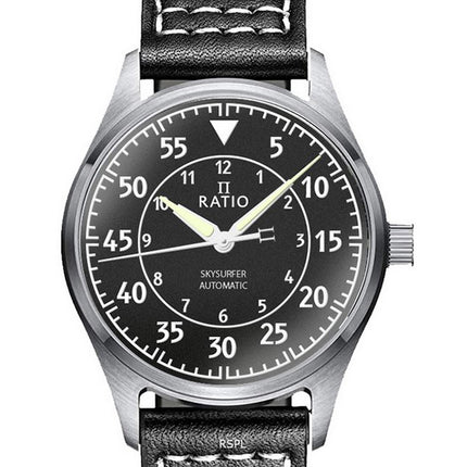 Ratio Skysurfer Pilot Black Textured Dial Leather Automatic RTS320 200M Men's Watch