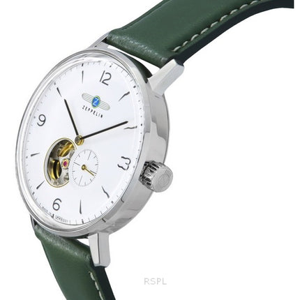 Zeppelin LZ129 Hindenburg Green Leather Strap Open Heart White Dial Automatic 80661N Men's Watch