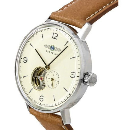 Zeppelin LZ129 Hindenburg Leather Strap Open Heart Beige Dial Automatic 80665N Men's Watch