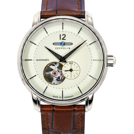 Zeppelin LZ-120 Bodensee Leather Strap Beige Open Heart Dial Automatic 81661 Men's Watch