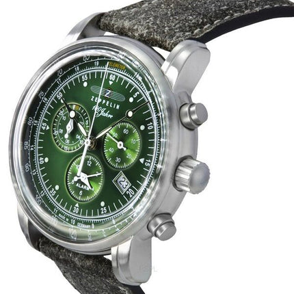 Zeppelin Watches 100 Jahre Chronograph Leather Strap Green Dial Quartz 86804 Men's Watch