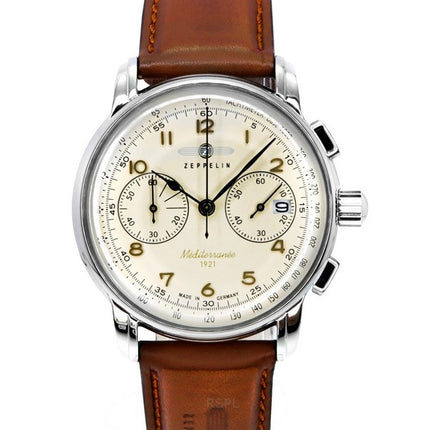 Zeppelin Mediterranee Chronograph Leather Strap Beige Dial Quartz 96705 Men's Watch
